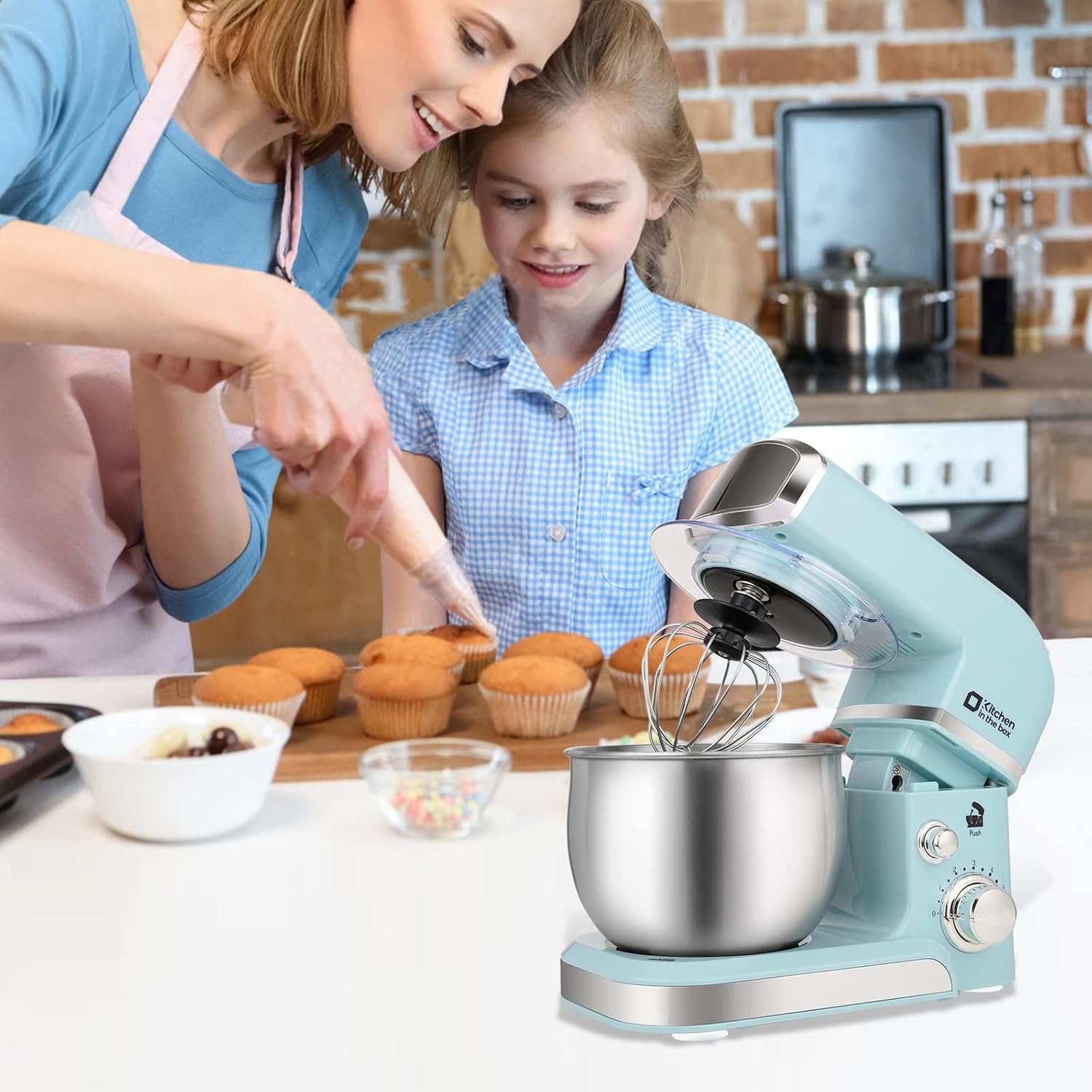 Retro Blue Stand Mixer with Stainless Steel Bowl